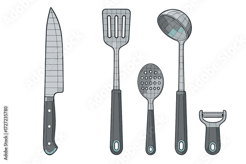 Assortment of essential kitchen utensils including knife spatula ladle spoon and peeler for culinary tasks and food preparation