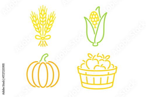Seasonal autumn harvest symbols featuring wheat corn pumpkin and apples in a clean graphic line art style