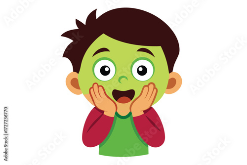 Surprised Cartoon Boy with Green Face, Hands on Cheeks, Open Mouth Expression