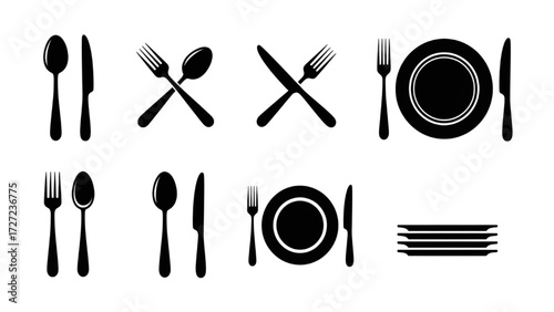 Black Silhouette Fork Knife Spoon Plate Icon Set – Minimalist Cutlery Vector Collection