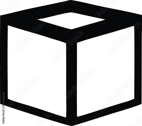 Simple black and white icon of a 3d cube representing geometric shape and data storage concept