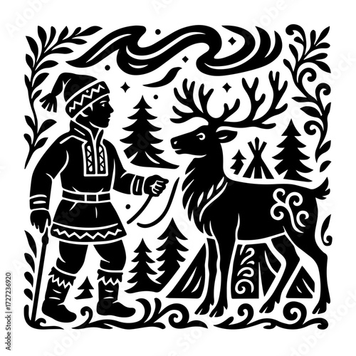 Reindeer Herder and Stag — Northern Folk Scene, Winter Woodcut (B/W Vector)