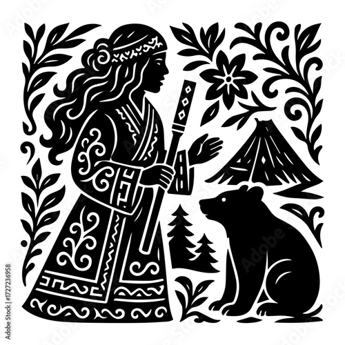 Folk Woman with Flute and Bear — Forest Woodcut, Nordic/Slavic Style (B/W Vector)