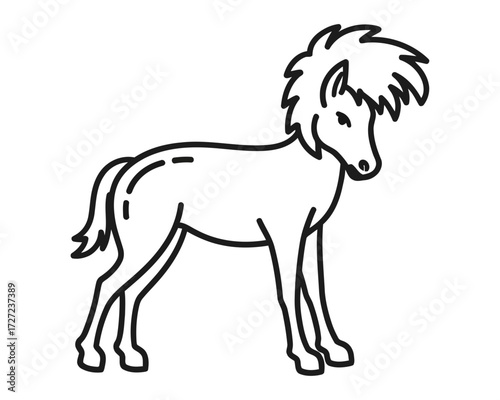 A charming and cute little pony with a fluffy mane, a simple black and white line art vector