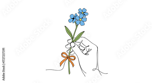 Line art drawing of a hand holding forget-me-not flowers with orange ribbon, a symbol for national day of truth and reconciliation, promoting remembrance