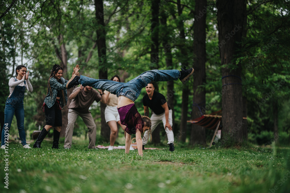 Obraz premium Friends having fun playing and exploring acrobatic activities in a forest park, showcasing youthful energy and teamwork while surrounded by nature, laughter, and a sense of adventure under the trees.