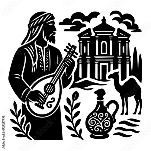 Oud Player at Petra, Jordan — Nabatean Treasury, Camel & Desert (B/W Woodcut)