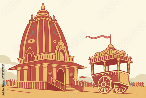 ornate red and gold temple, intricate architectural details, spiritual and religious iconography, elaborate chariot, moving procession, vibrant colors, traditional Indian festival, Rath Yatra celeb