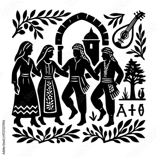 Levant/Balkan Circle Dance — Folk Group under Arch with Lute, Village (B/W Woodcut)