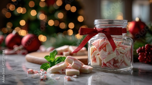 Glass jar of peppermint bark with Christmas decorations