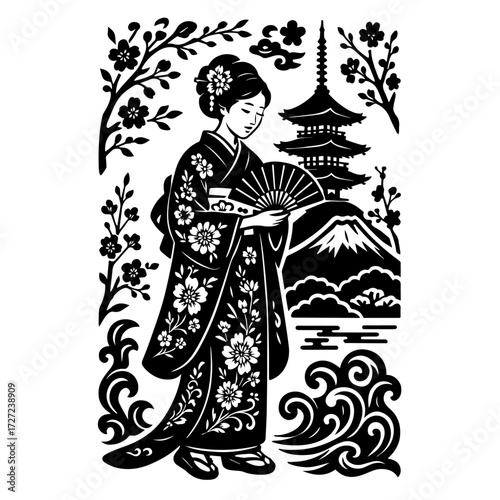 A Girl with kimono at Pagoda wtih geisha style