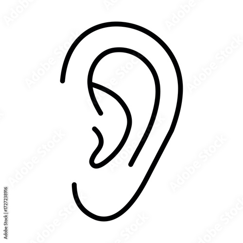 An illustration depicting a black icon of a human ear, the organ of hearing, on a white background