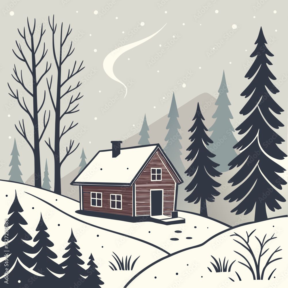 Fototapeta premium Winter landscape with a cozy cabin in the snowy mountains illustration