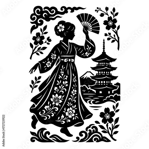 Kimono Lady with Scroll — Literature by the Pagoda, Japanese Folk Woodcut (B/W Vector)