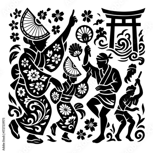 Fan Dance & Pagoda — Japan Heritage Folk Art Woodcut (B/W Vector)