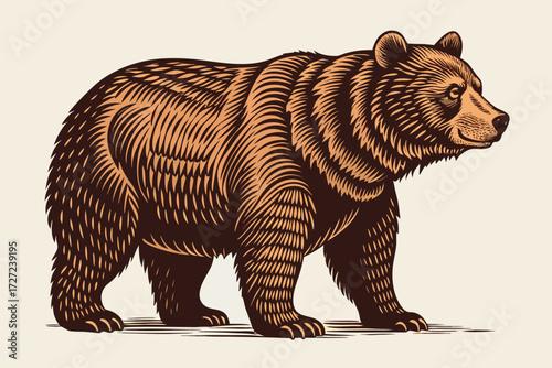 Woodcut Style Illustration of a Walking Brown Bear on a Beige Background