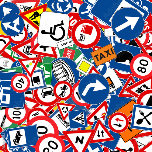 background of italian and european standard road signs for traffic law or driving school