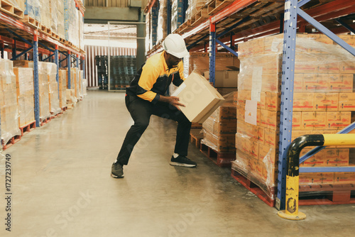 Male workers strength lift heavy boxes merchandise on their shoulders move them  distant shelves and risk injury or accidents from repeatedly lifting heavy items without weight lifting equipment.