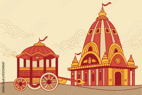 ornate red and gold temple, intricate architectural details, spiritual and religious iconography, elaborate chariot, moving procession, vibrant colors, traditional Indian festival, Rath Yatra celeb