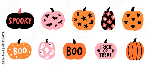 Halloween pumpkins set with doodles playful text including boo spooky hocus pocus and trick or treat decorated with hearts flowers ghosts bats. Colorful festive illustration