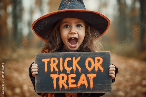 Girl in witch costume holding trick or treat sign on Halloween