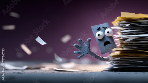 Personnage de papier bleu effrayé s'échappant d'une pile de documents