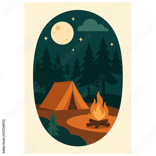 Night Camping with Tent and Campfire — Forest Moon & Stars Adventure (Vector)
