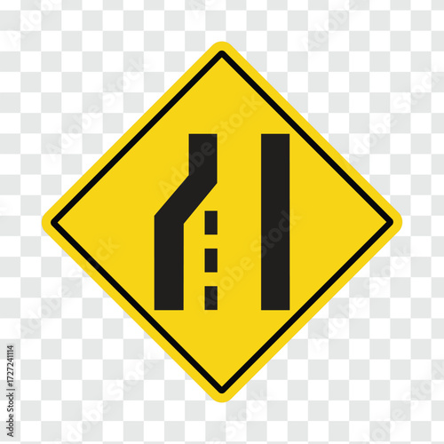 Left lane ends ahead warning road sign transparent