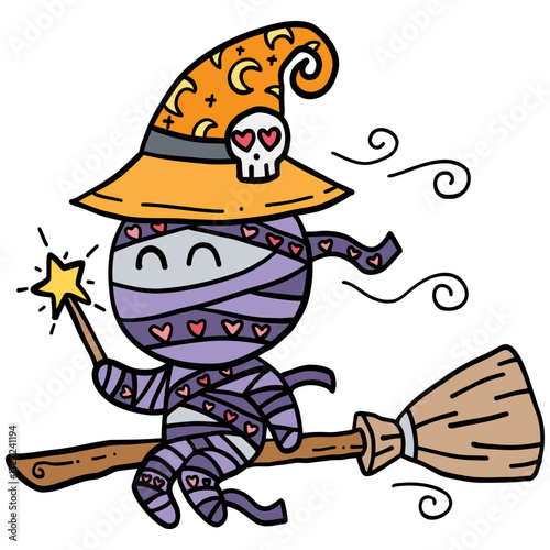 halloween Cute cartoon mummy on a broomstick with magic wand. in doodle color line style