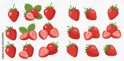 A vibrant collection of fresh, ripe red strawberries, some whole and others sliced, with green leaves, presented as a vector illustration.