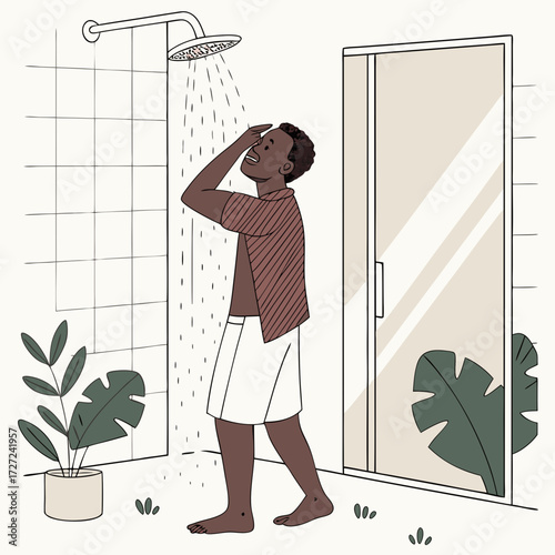 African Man Taking Shower in Bathroom – Hygiene and Self-Care Vector Illustration