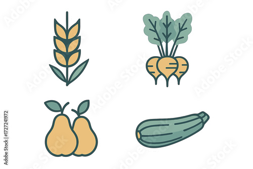 Collection of fresh farm produce stickers including wheat, root vegetables, pears, and zucchini