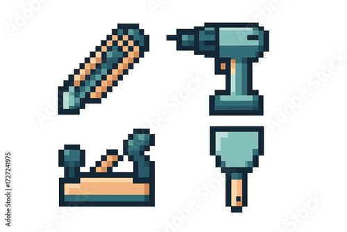 Pixel art collection of construction and carpentry tools: drill, utility knife, hand plane, trowel, and other equipment
