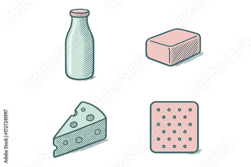 Dairy products and snack food items including milk bottle, butter block, cheese slice, and cracker on white background