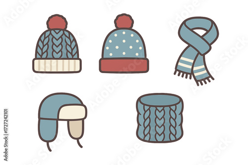 Warm winter accessories collection featuring knitted hats, beanies, ear flap hat, scarf, and neck warmer