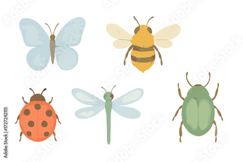 Watercolor style collection of various garden insects including butterfly bee ladybug dragonfly beetle