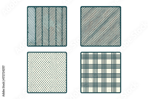 Set of four distinct geometric patterns featuring textured lines, herringbone, diagonal stripes, and polka dots