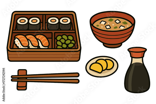 Traditional Japanese cuisine collection featuring a sushi bento box, miso soup, edamame, and soy sauce