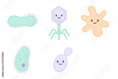 Adorable microscopic organisms collection featuring bacteria, viruses, amoebas, and yeast with happy expressions
