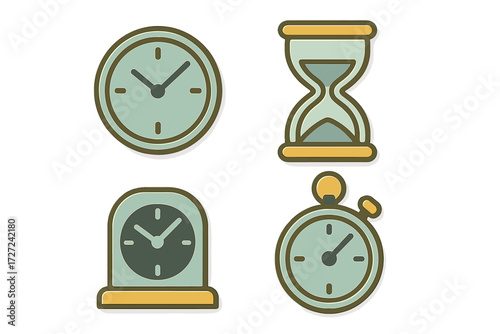 Set of diverse timekeeping instruments featuring wall clock, alarm clock, stopwatch, and sand timer