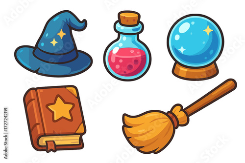Collection of magical items including a wizard hat, potion, crystal ball, spellbook, and broom for fantasy themes
