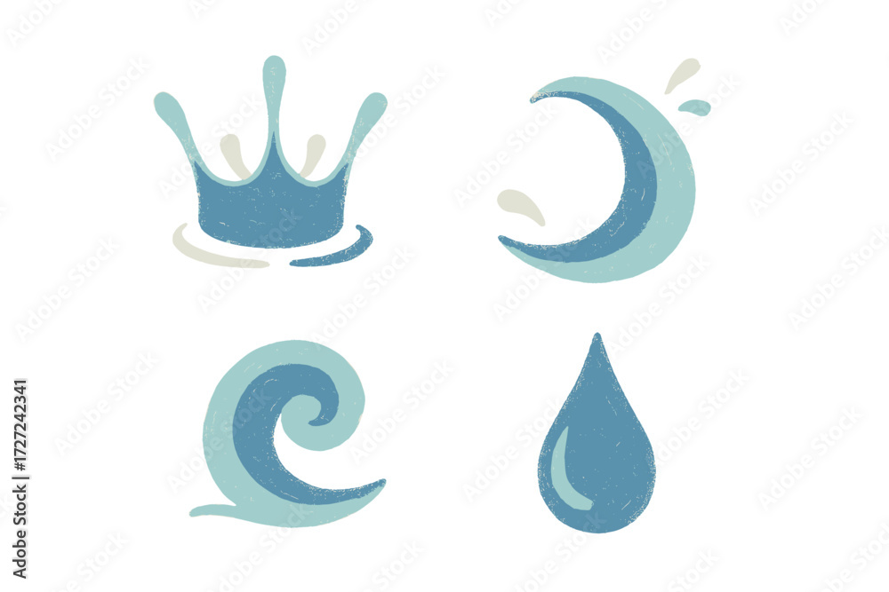 Naklejka premium Collection of stylized water elements including splashes, waves, and a single water drop in various blue tones with a textured finish