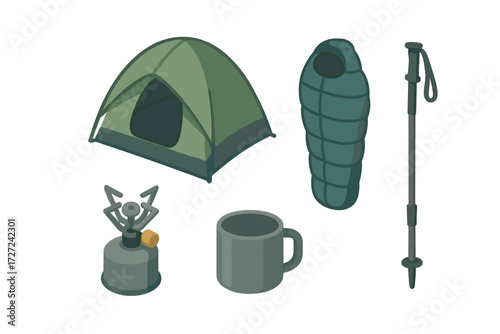 Essential camping and hiking equipment for outdoor adventure and wilderness exploration including tent, sleeping bag, stove, mug, and trekking pole