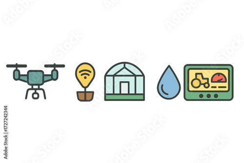 Smart agriculture technology icons for modern farming, digital farm management, and precision agriculture