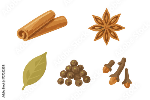 Assortment of aromatic cooking spices and herbs including cinnamon star anise bay leaf peppercorns and cloves