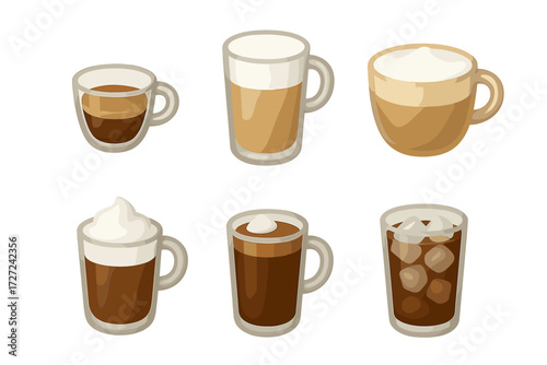 Diverse selection of popular hot and cold coffee beverages in various transparent cups and glasses with foam and ice
