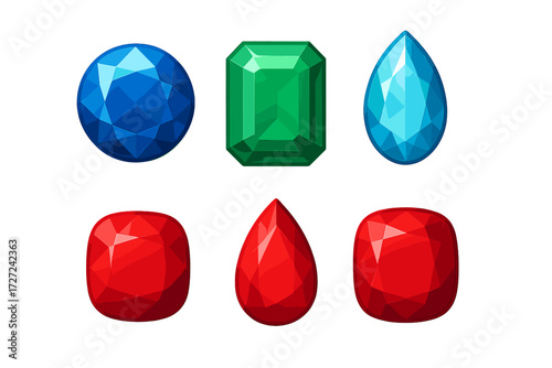 Sparkling faceted gemstones in a variety of cuts and vibrant colors including blue, green, and red jewels