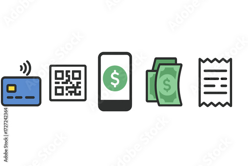 Diverse payment options featuring contactless card, QR code, smartphone app, banknotes, and transaction receipt