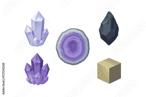 Stylized collection of natural crystals, raw stones, a geode cross-section, and a golden geometric cube with vibrant colors on a clean white background