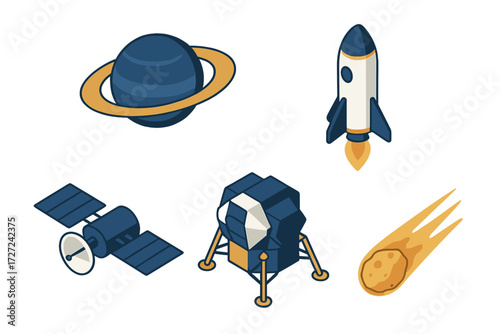 Isometric space exploration elements featuring a ringed planet, launching rocket, communication satellite, lunar lander, and meteor